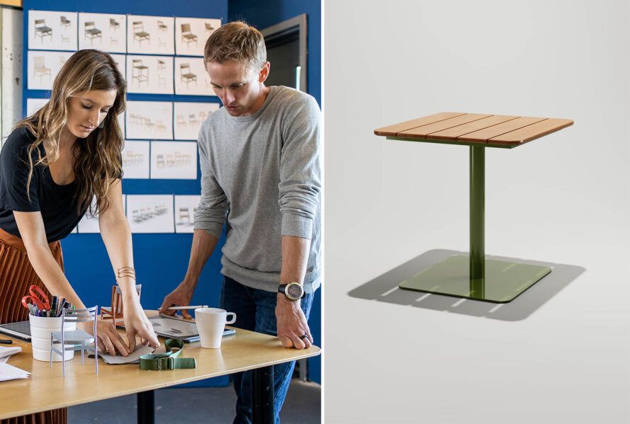 To the left, two people standing at a table. To the right, a square patio table.