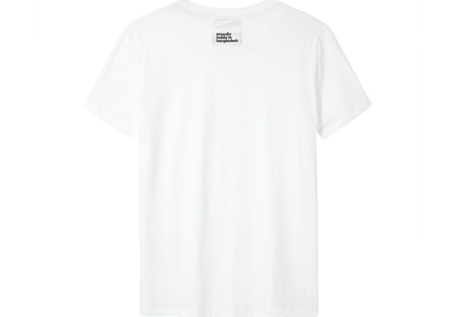 A white t-shirt with a label reading &quot;proudly made in bangladesh.&quot;