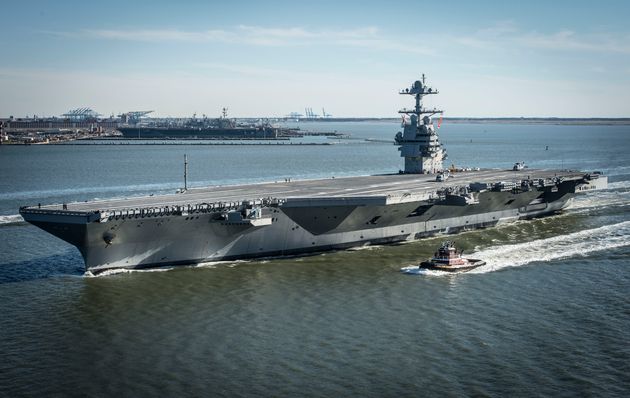 In this handout photo provided by the U.S. Navy, the future USS Gerald R. Ford is seen underway on its...