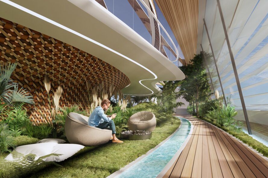 A green sitting area on a yacht.