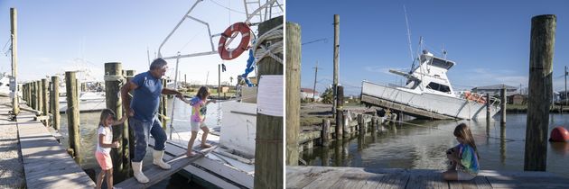 Left: Harvey Cheramie Jr. brings his granddaughters Sierra and Briel Balred onto his boat while inspecting...