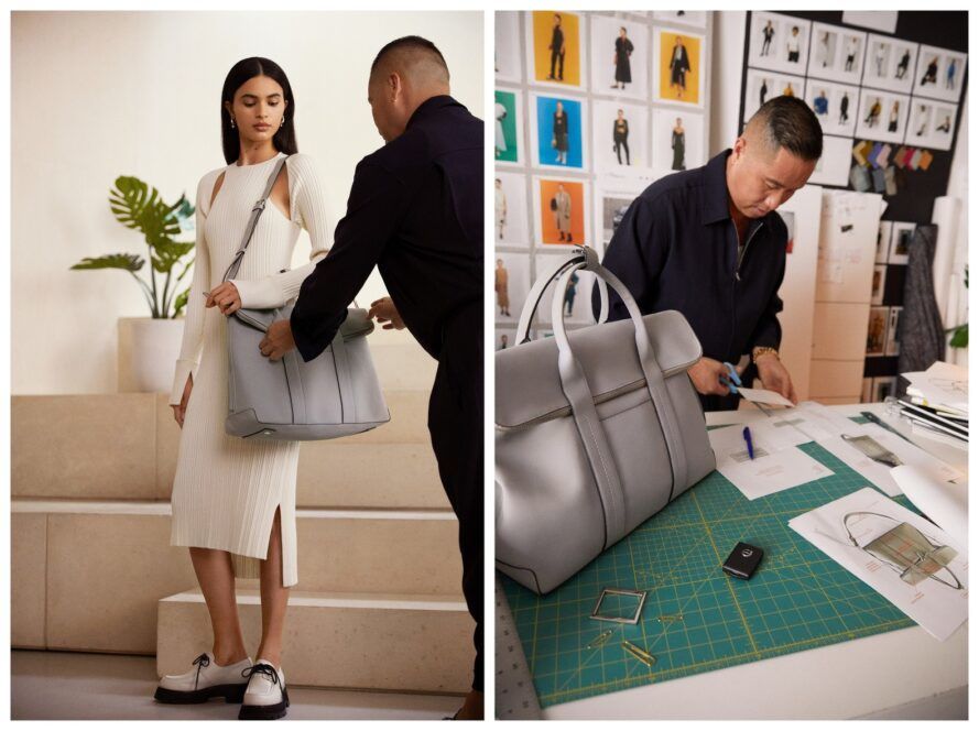 (Left to right) A model posing with a bag, Phillip Lim designing on a cluttered work table