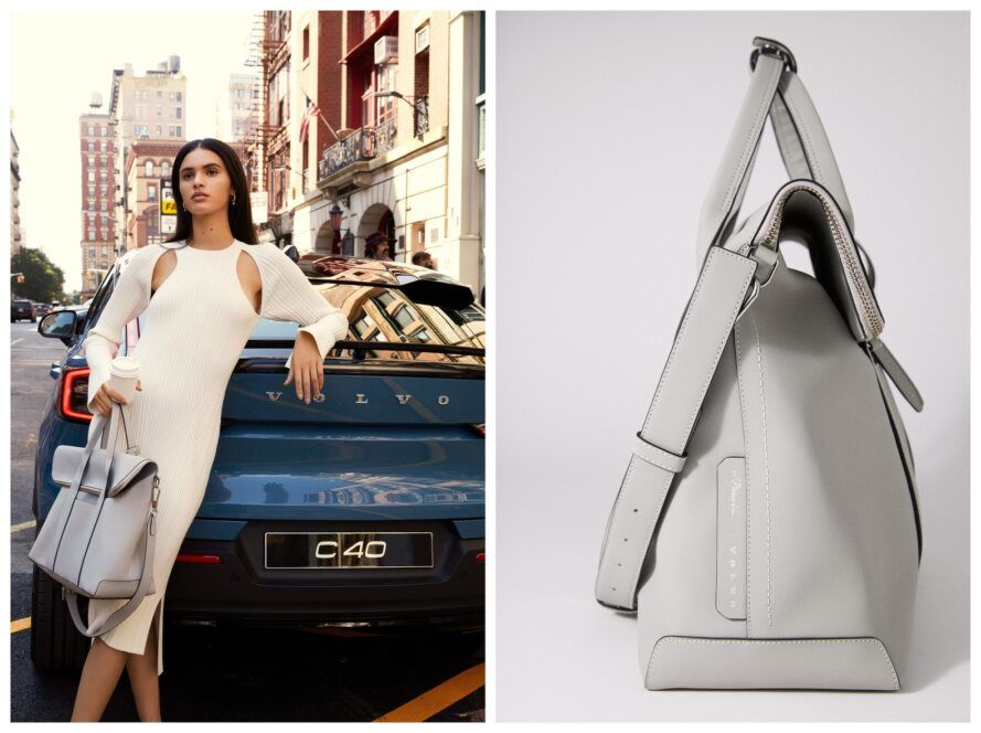 (Left to right) Model posing against a car holding a bag, the side view of the bag alone