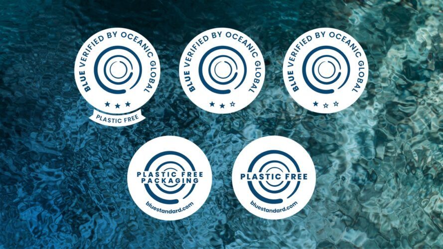 Five white circles with words on it with a ocean photography background