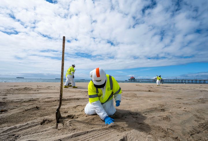 Workers with Patriot Environmental Services pick through the sand looking for pieces of oil south of the pier in Huntington Beach, California on Oct. 8, 2021.
