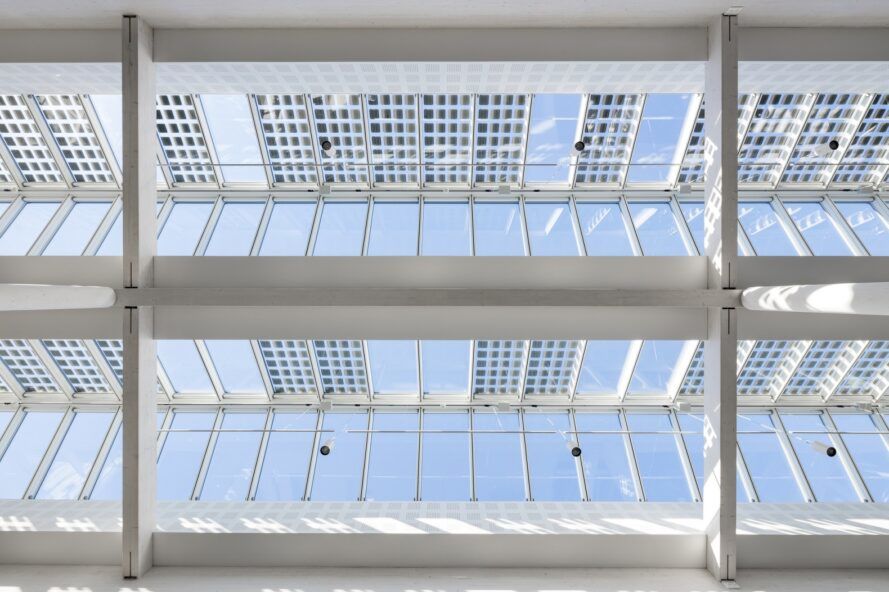 Glass ceiling with a blue ceiling