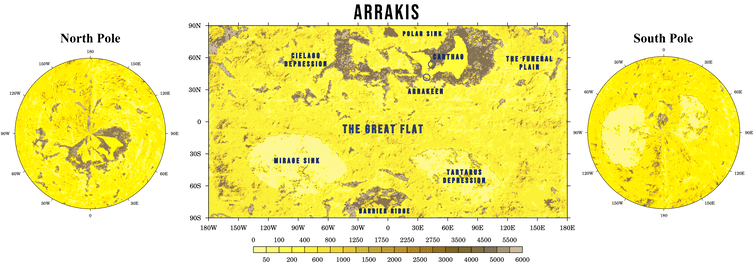 Height map (in metres) of Arrakis. Farnsworth et al, Author provided.