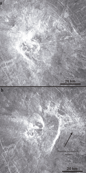 Two radar views of Idunn Mons from the Magellan spacecraft